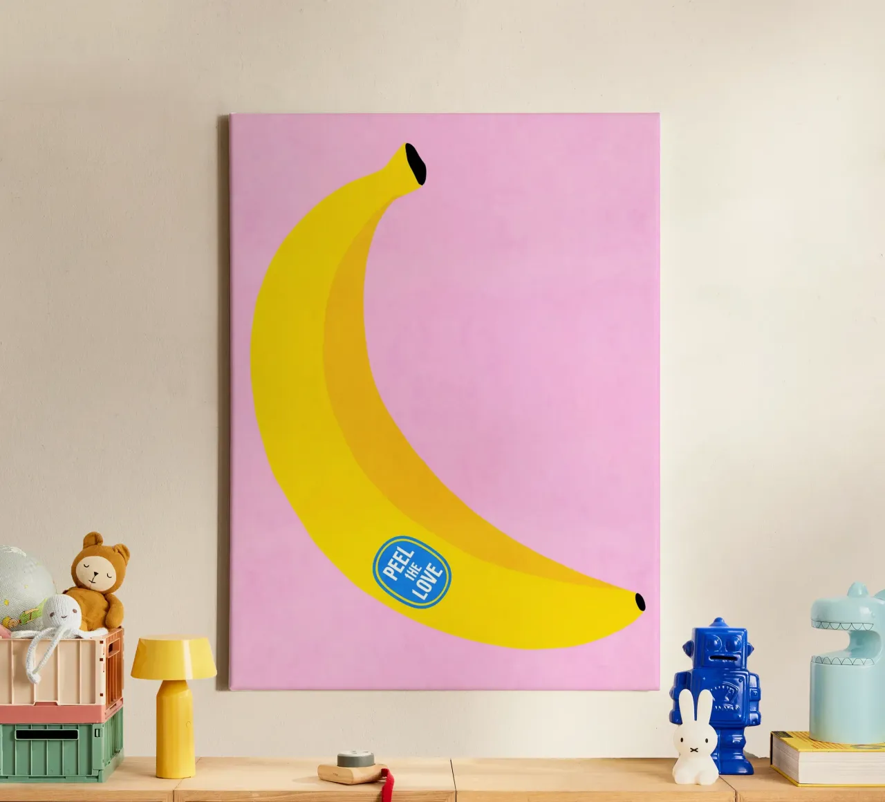 Big Banana fruit with 'Peel the Love' Pun label canvas with Floater frame by Dominique Vari