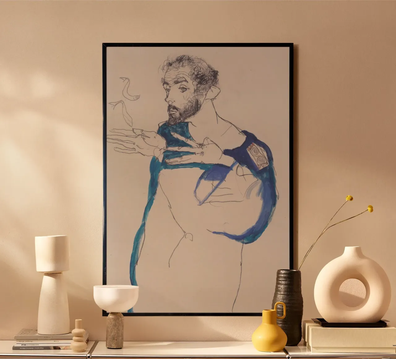 Egon Schiele - Klimt in grembiule azzurro poster con telaio in alluminio da Timeless Artworks