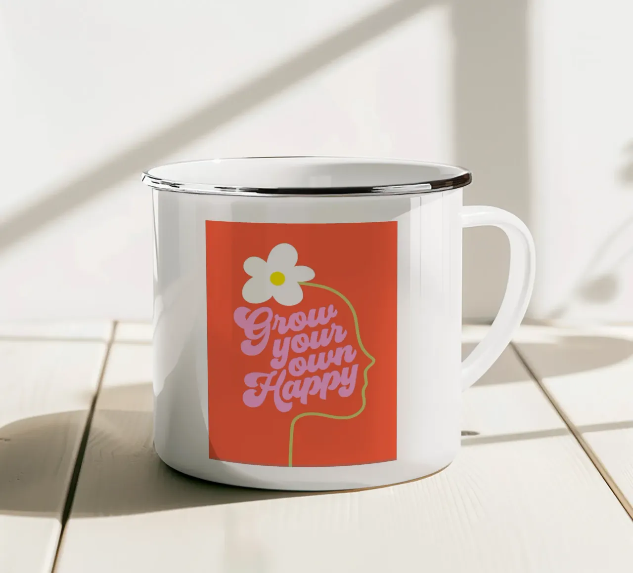 Grow your own Happy Motivational typography enamel mug by Dominique Vari Words