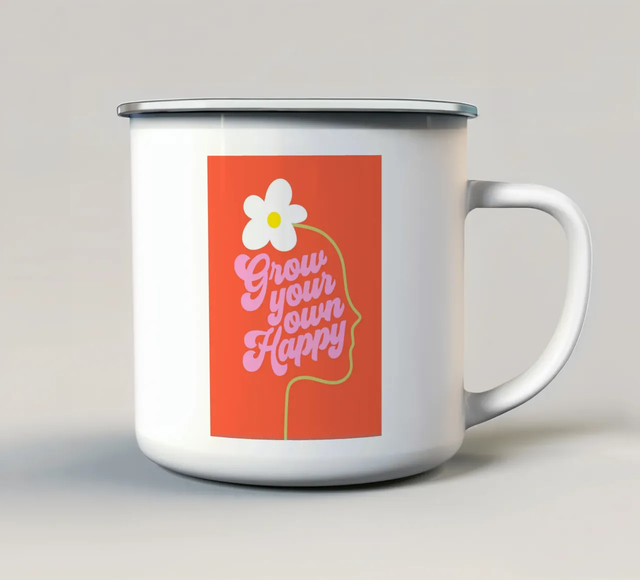 Grow your own Happy Motivational typography enamel mug by Dominique Vari Words
