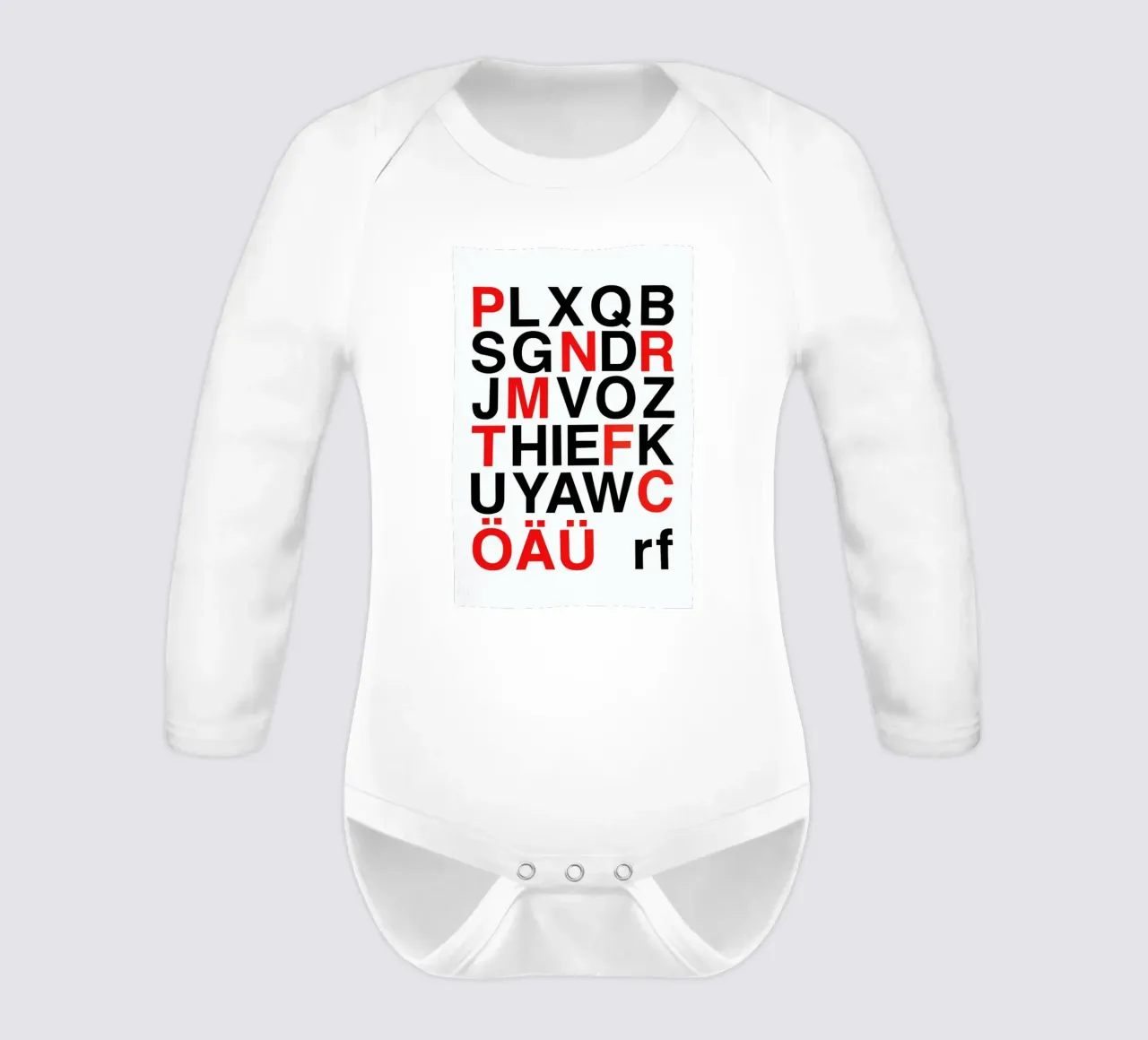 Alphabet Neon Red And Black long-sleeve baby romper by Rosi Feist