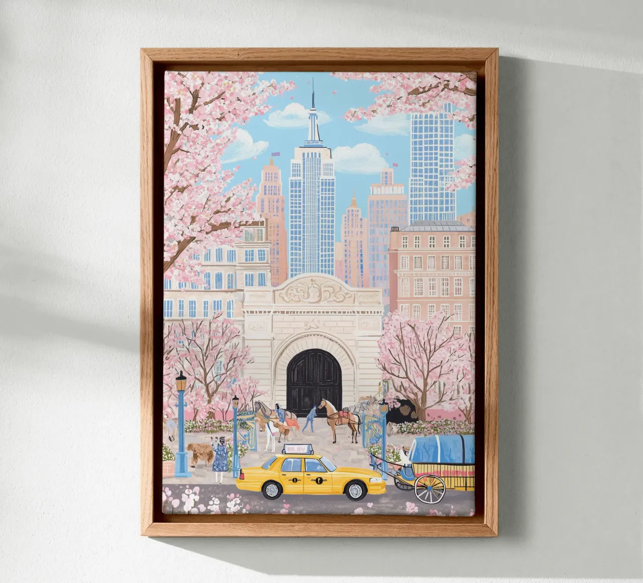 New York in de lente, Pastel City Prints, Trendy Muurkunst canvas met Baklijst van Gaia