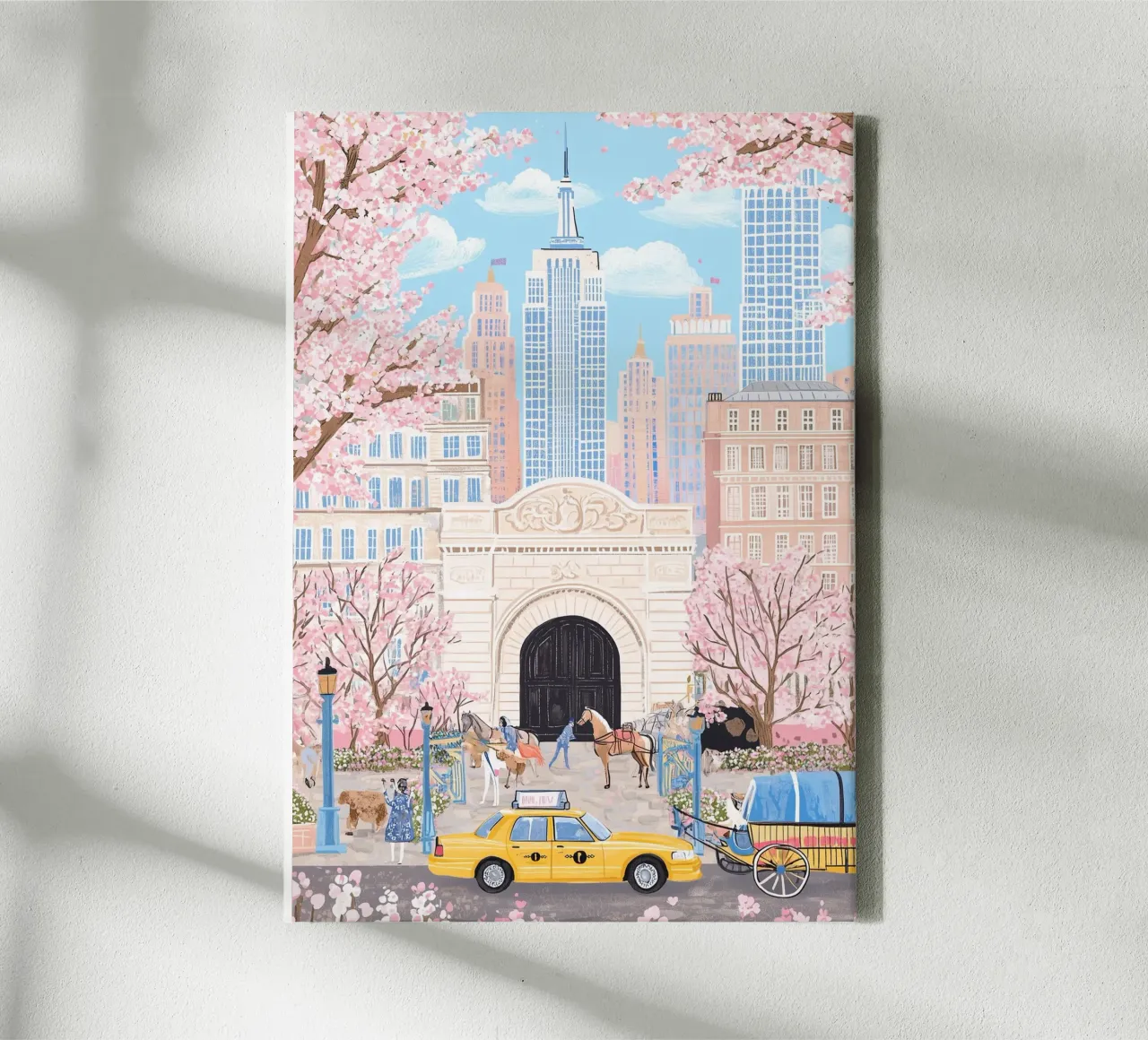 New York in de lente, Pastel City Prints, Trendy Muurkunst canvas met Baklijst van Gaia