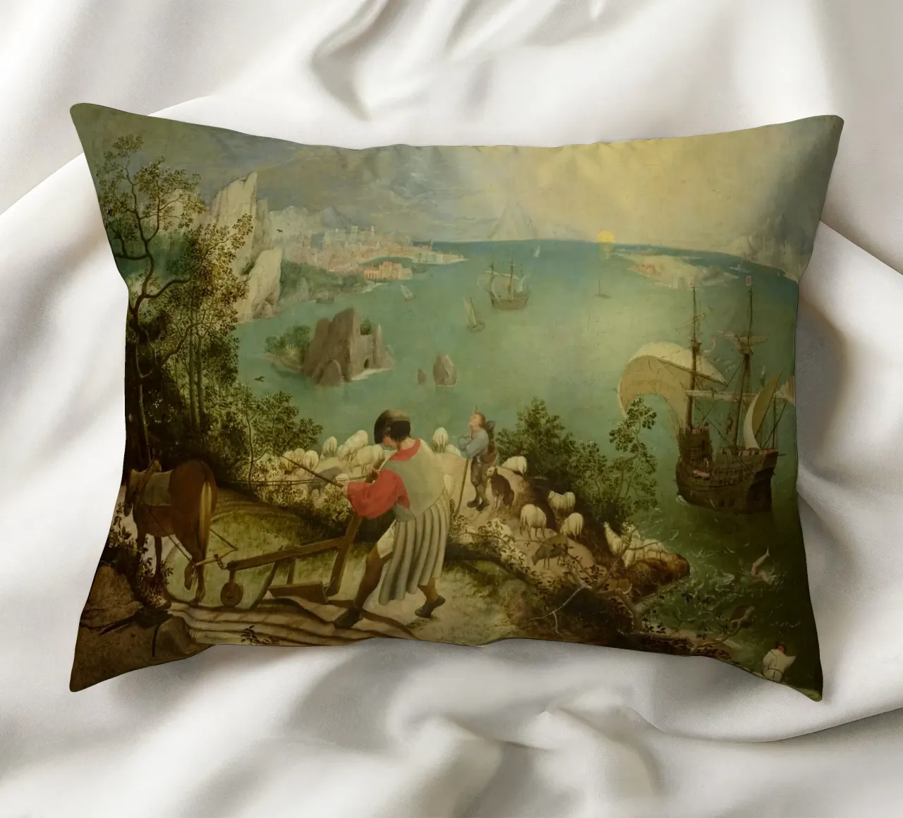 Pieter Bruegel il Vecchio -Paesaggio con la caduta di Icaro cuscino da Timeless Artworks