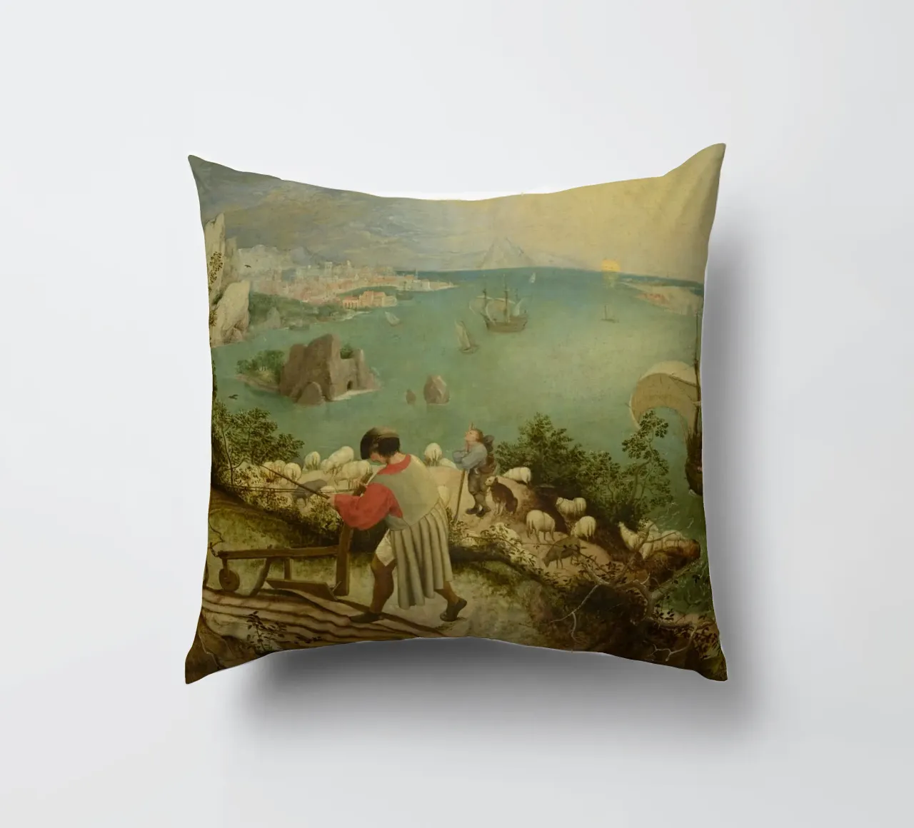 Pieter Bruegel il Vecchio -Paesaggio con la caduta di Icaro cuscino da Timeless Artworks