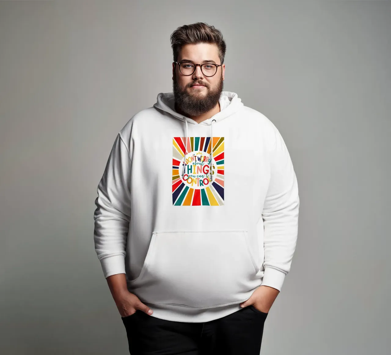 "Don't Worry" Motivational Quote Art Print - Colorful Rays felpa con cappuccio da showmemars