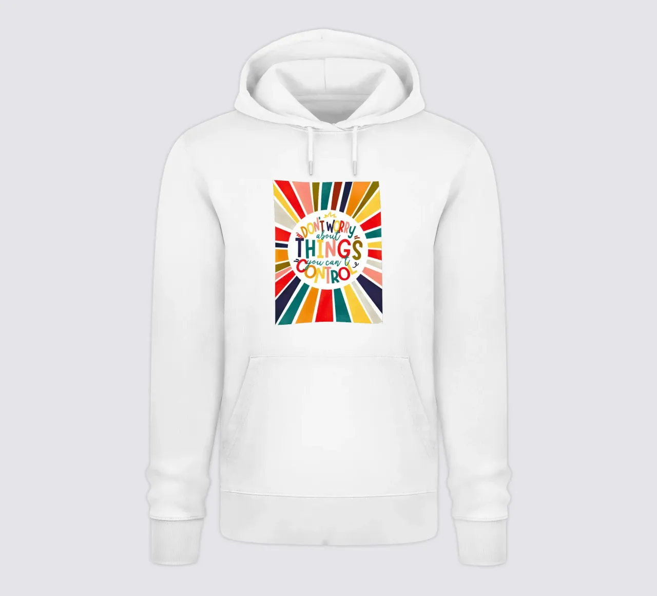"Don't Worry" Motivational Quote Art Print - Colorful Rays felpa con cappuccio da showmemars