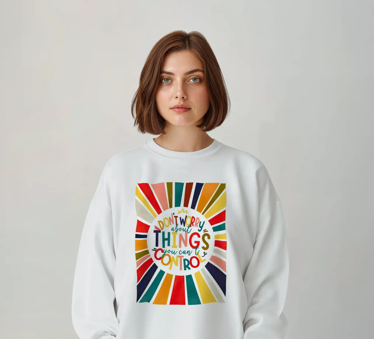 "Don't Worry" Motivational Quote Art Print - Colorful Rays felpa da showmemars