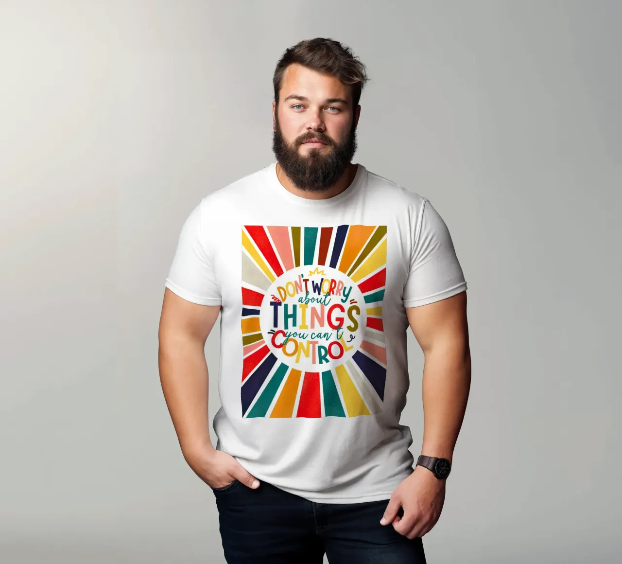 "Don't Worry" Motivational Quote Art Print - Colorful Rays t-shirt da showmemars
