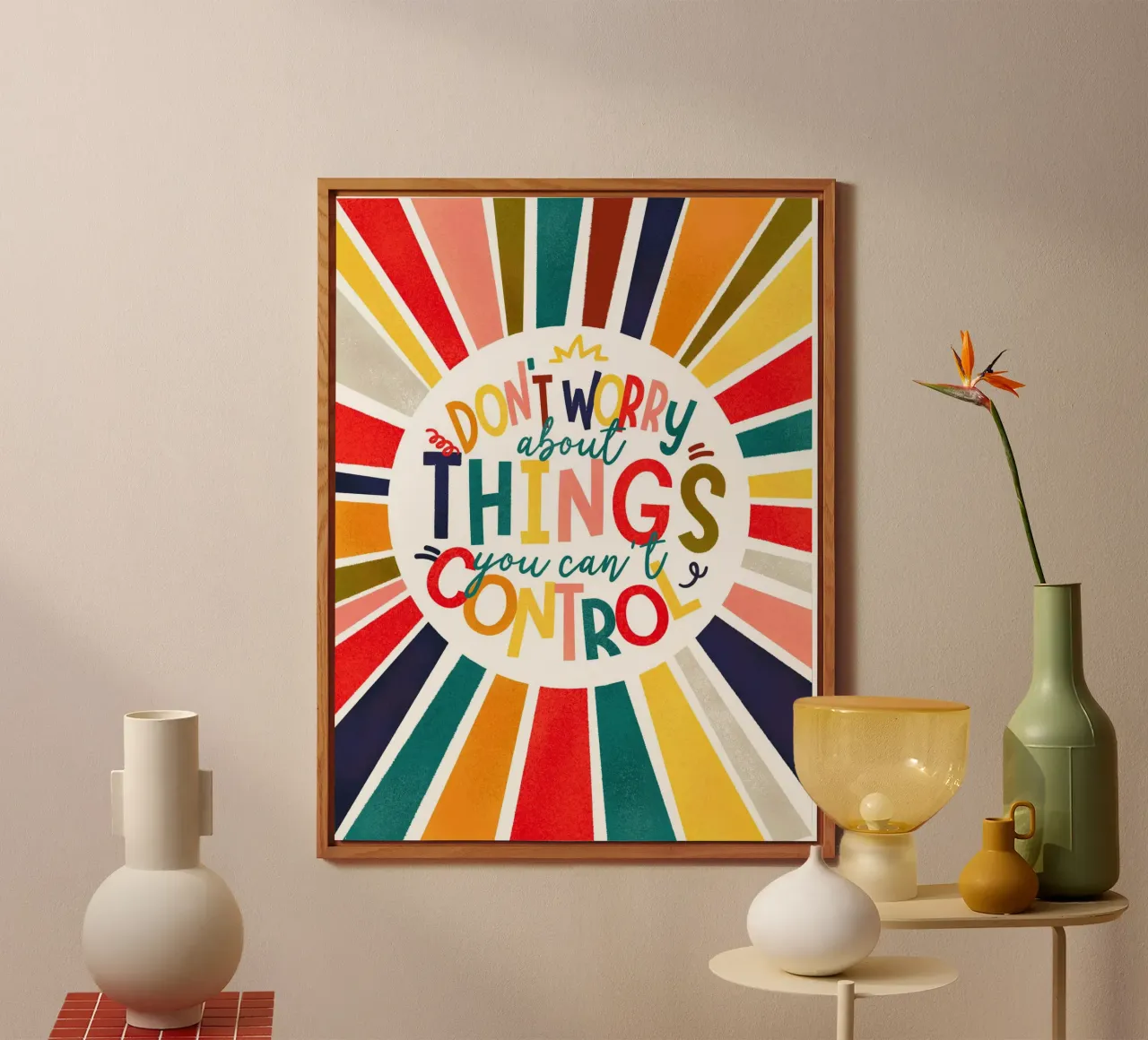"Don't Worry" Motivational Quote Art Print - Colorful Rays alluminio dibond da showmemars