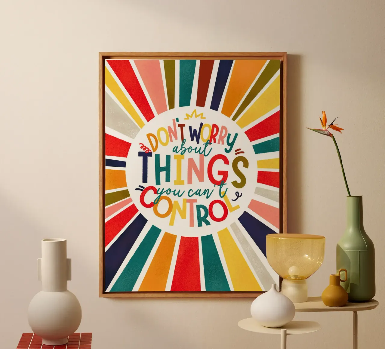"Don't Worry" Motivational Quote Art Print - Colorful Rays tela da showmemars