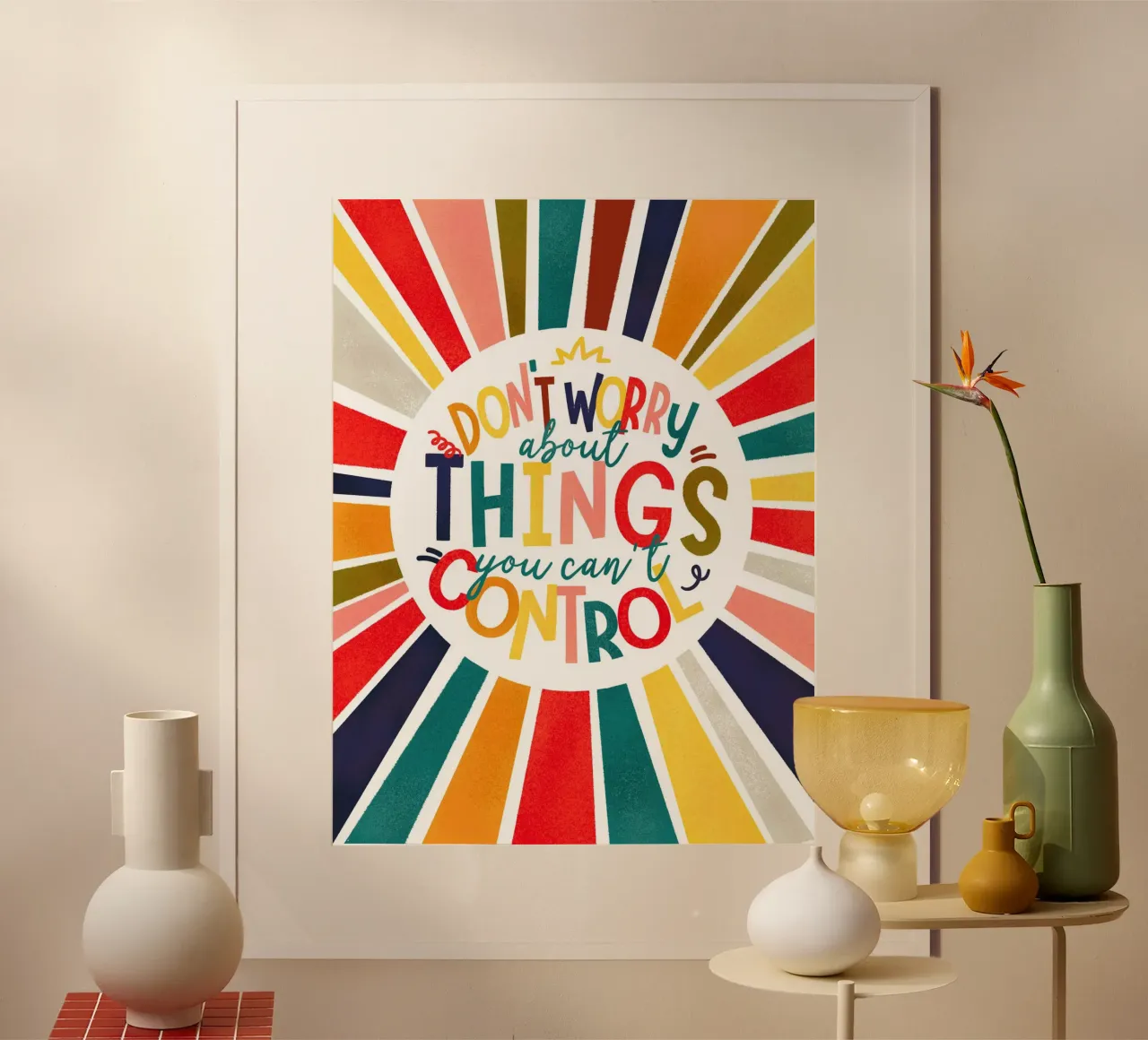 "Don't Worry" Motivational Quote Art Print - Colorful Rays carta hahnemühle da showmemars