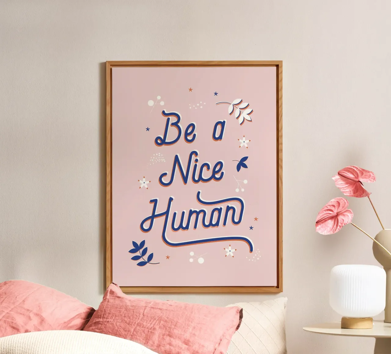 "Be a Nice Human" Calligraphic Art Print - Light Pink alu dibond de showmemars