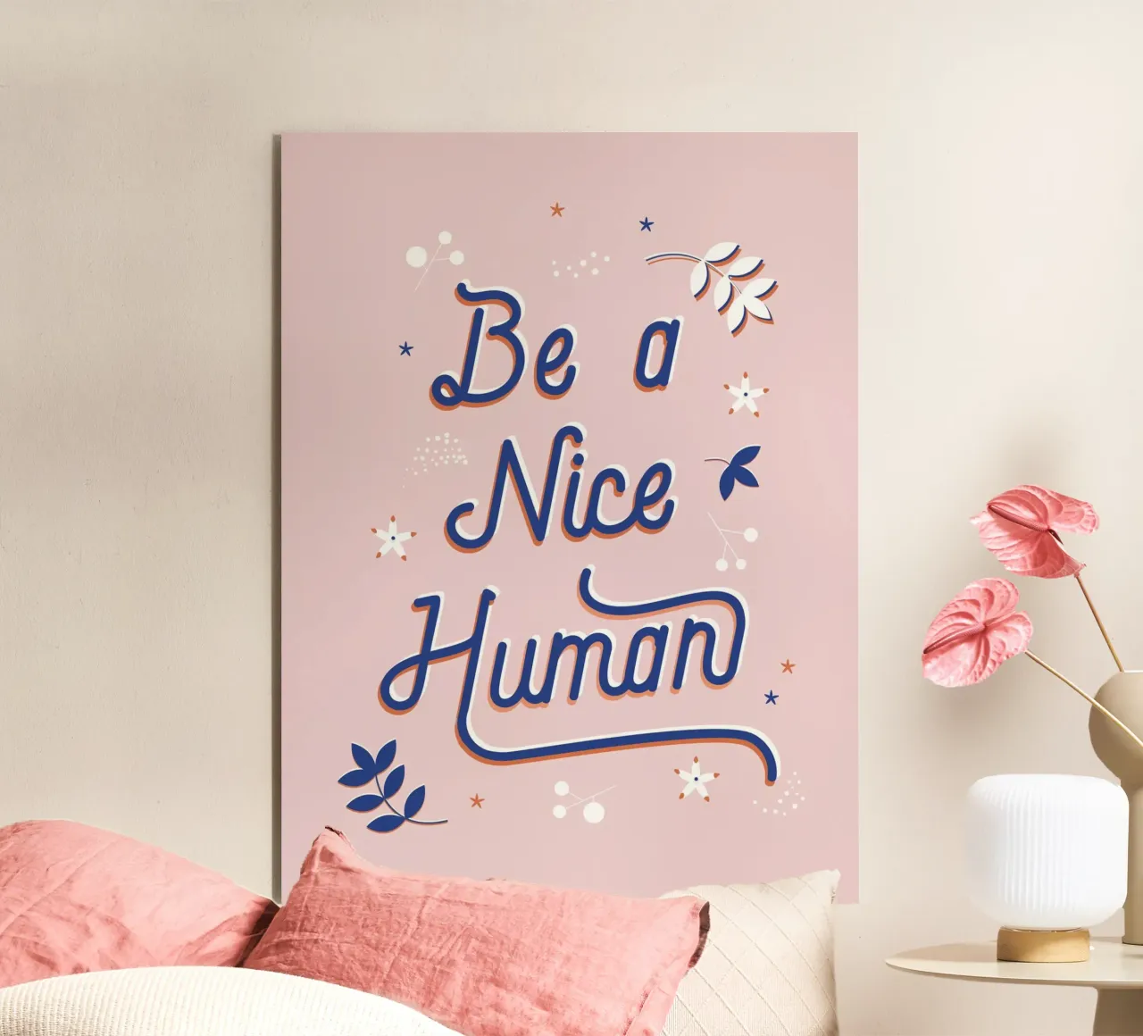 "Be a Nice Human" Calligraphic Art Print - Light Pink alu dibond de showmemars