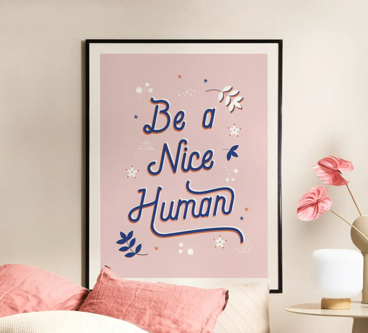 "Be a Nice Human" Calligraphic Art Print - Light Pink Hahnemühle von showmemars
