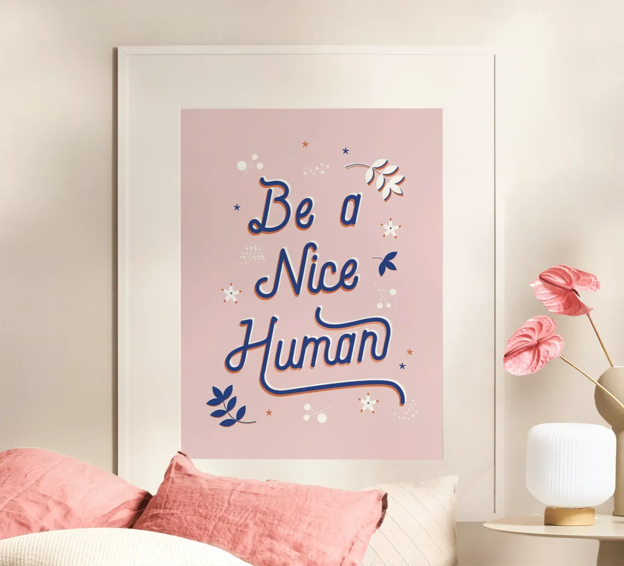 "Be a Nice Human" Calligraphic Art Print - Light Pink Hahnemühle von showmemars