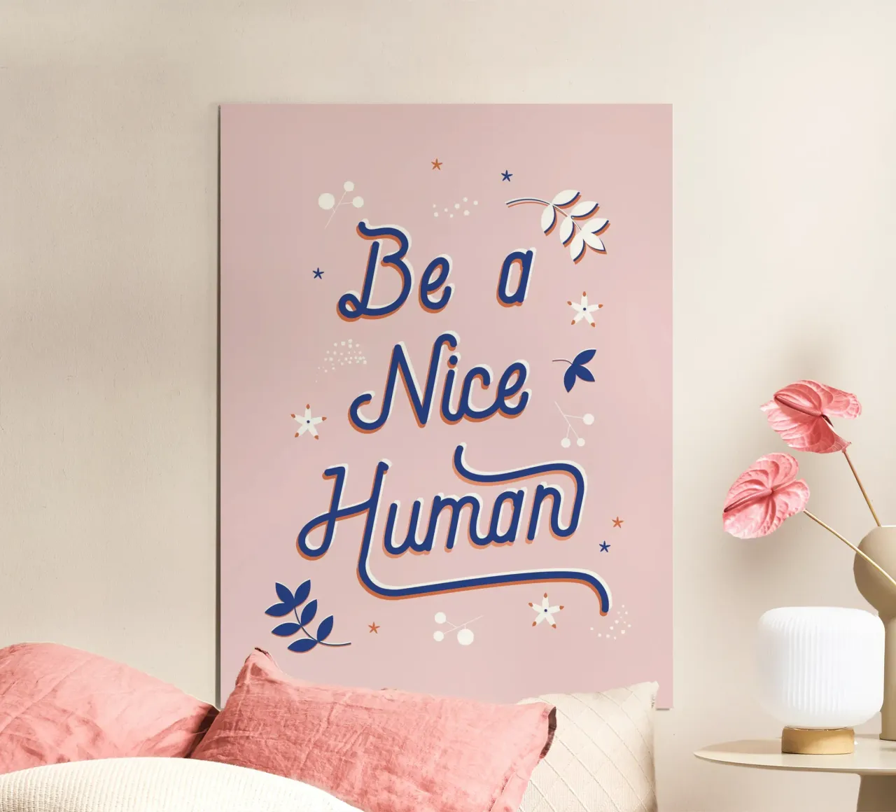 "Be a Nice Human" Calligraphic Art Print - Light Pink Hahnemühle von showmemars