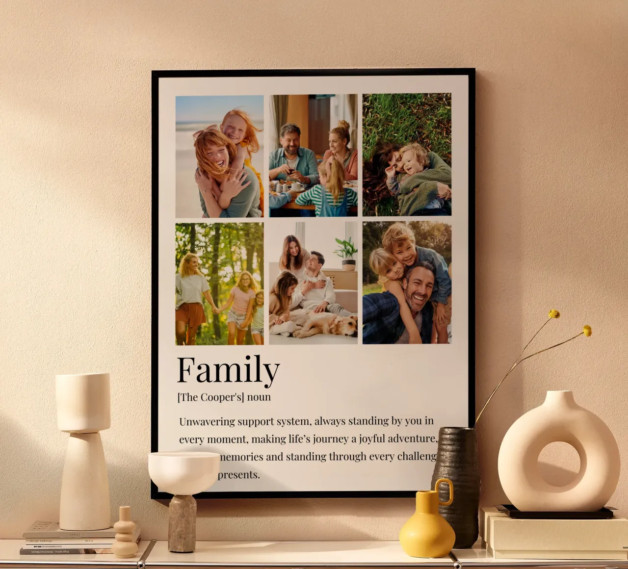 Custom Family definition photo collage poster with wooden frame by Paigaam Studio