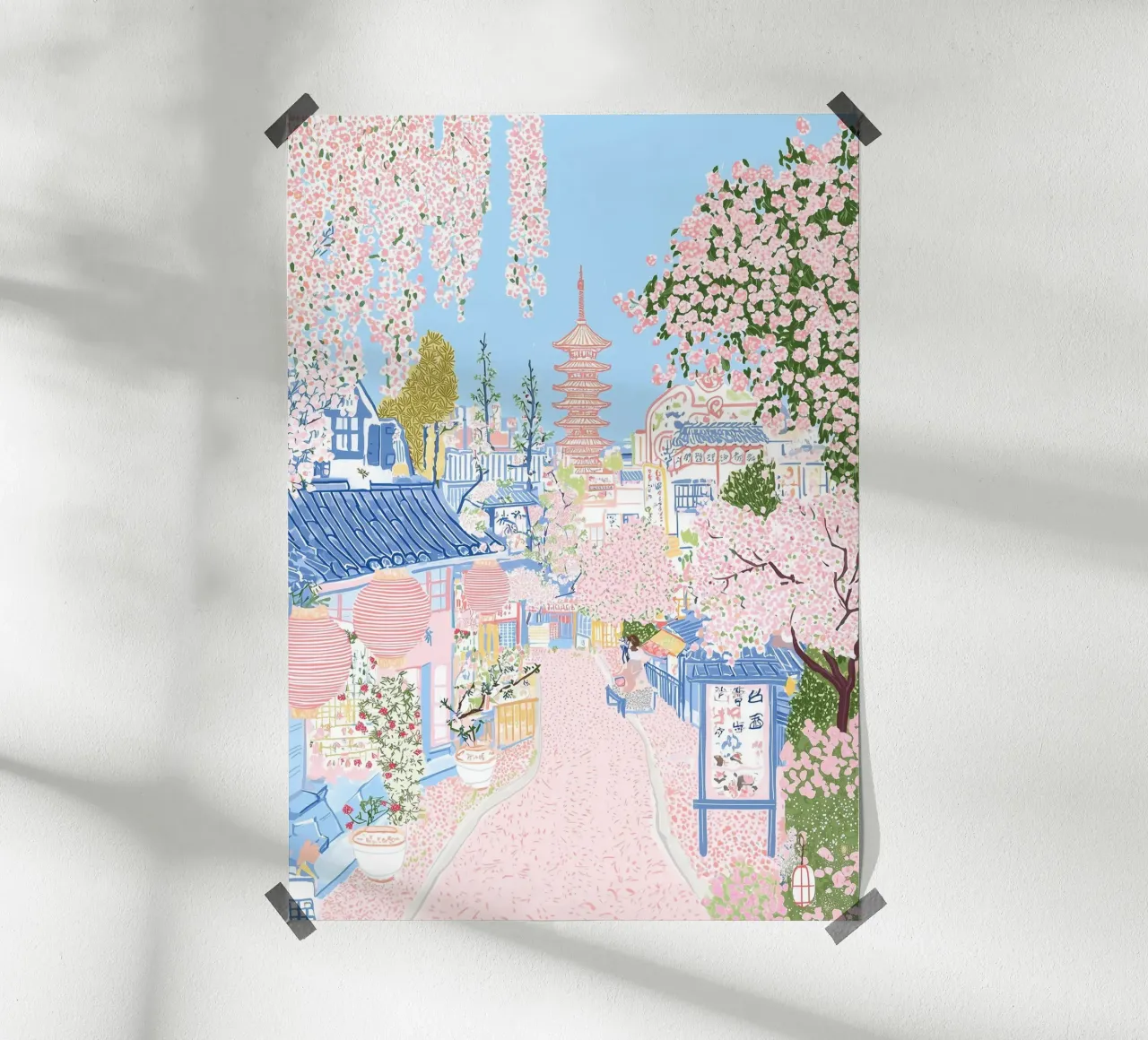 Giardino giapponese, poster di primavera, mercato dei fiori, viaggio in pastello poster con telaio in legno da Gaia