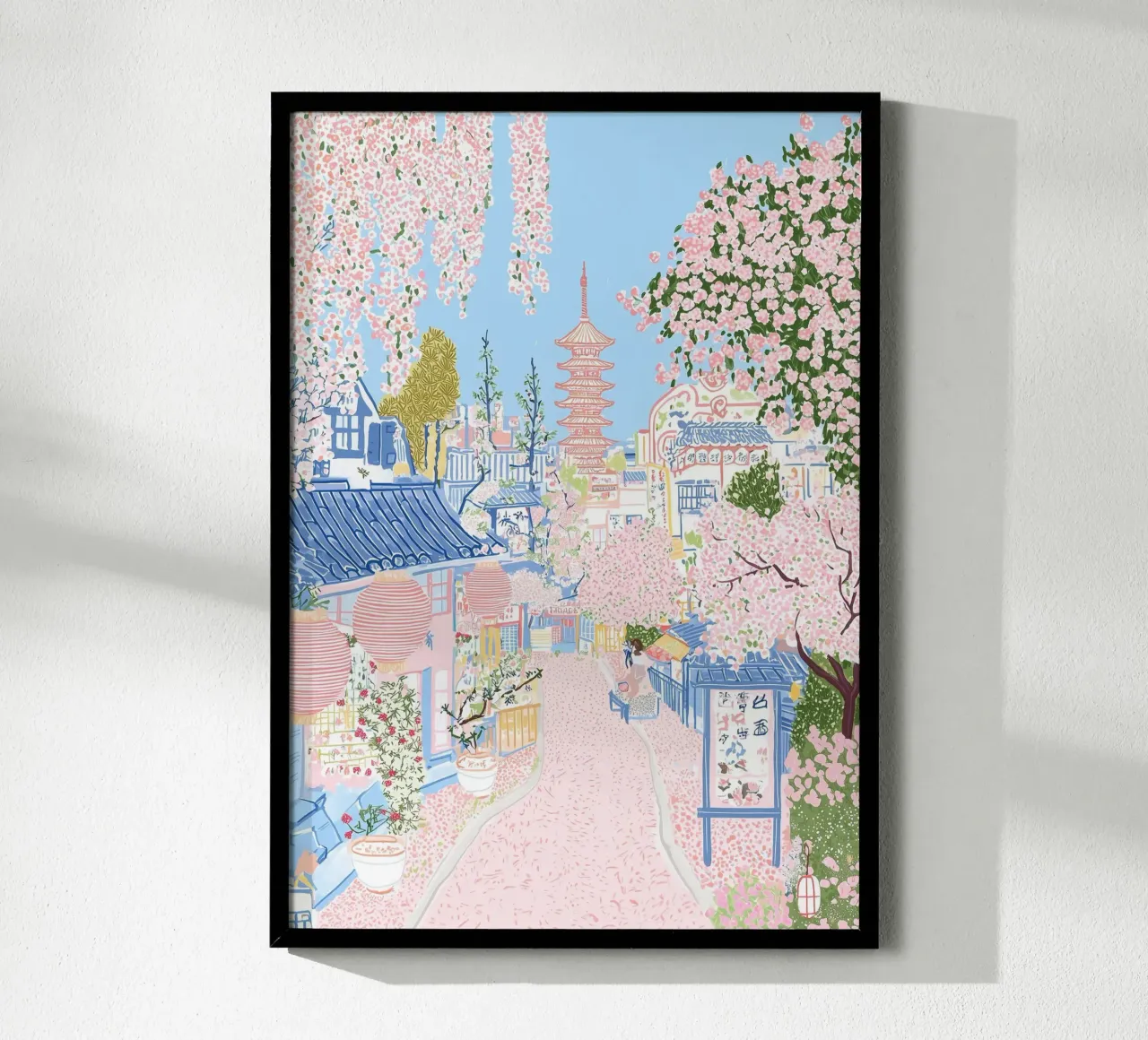 Giardino giapponese, poster di primavera, mercato dei fiori, viaggio in pastello poster con telaio in legno da Gaia