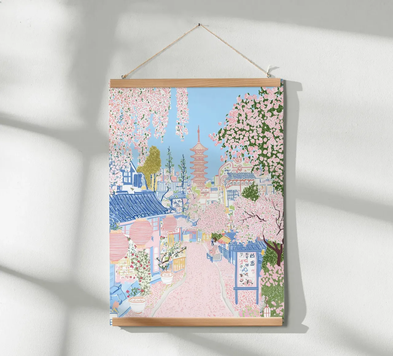 Giardino giapponese, poster di primavera, mercato dei fiori, viaggio in pastello poster con telaio in legno da Gaia