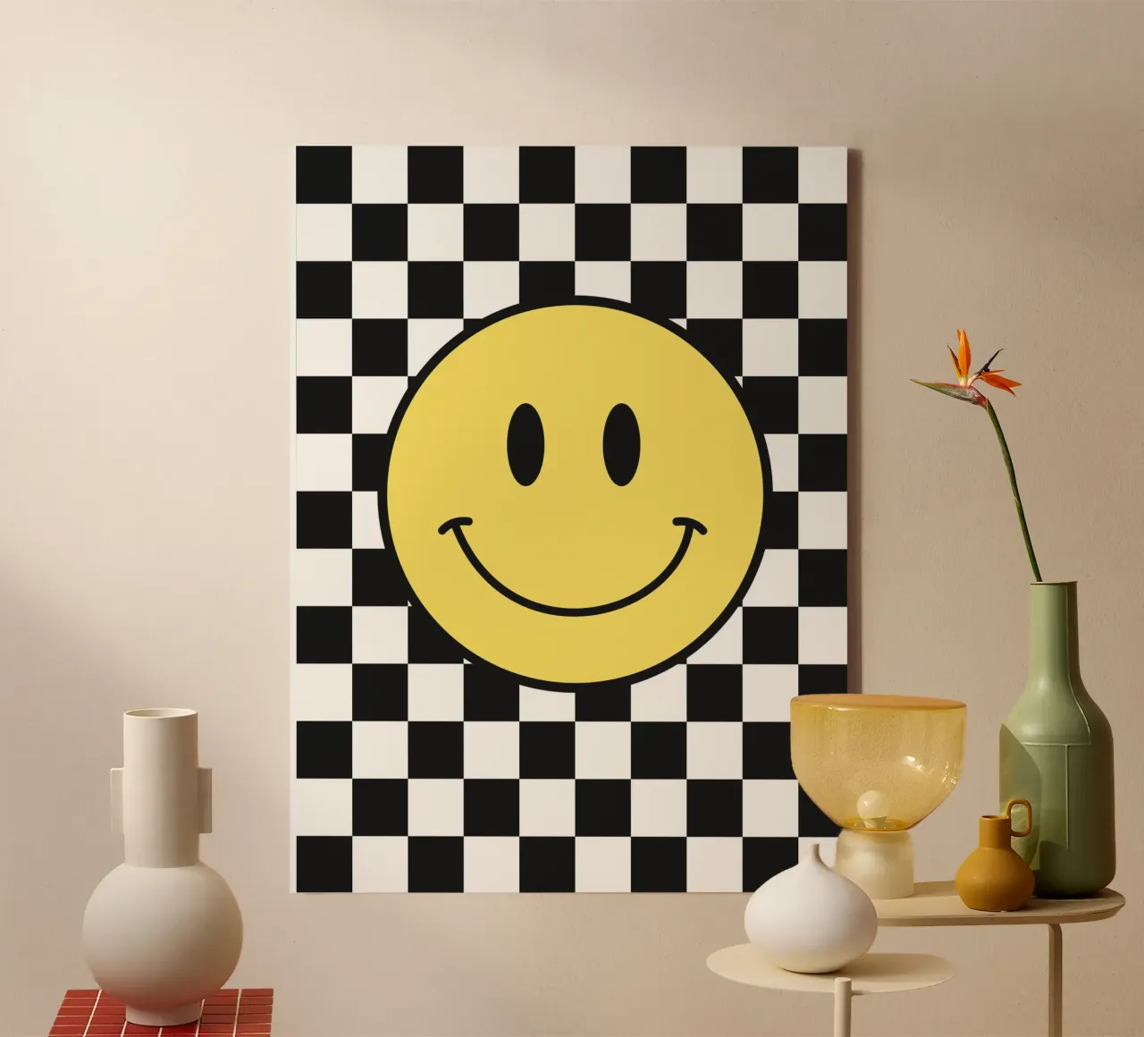 Smiley, motivo a scacchiera in bianco e nero tela da Paigaam Studio