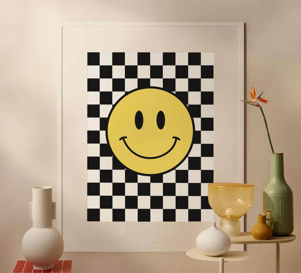 Smiley, motivo a scacchiera in bianco e nero poster da Paigaam Studio
