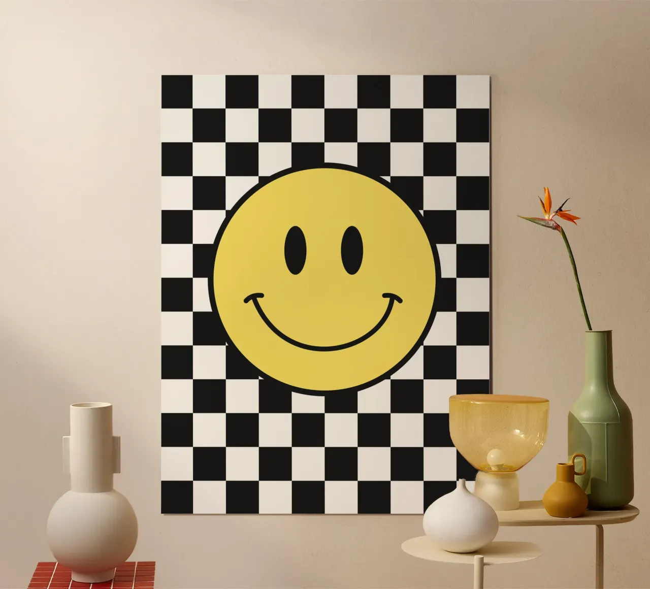 Smiley, motivo a scacchiera in bianco e nero poster da Paigaam Studio
