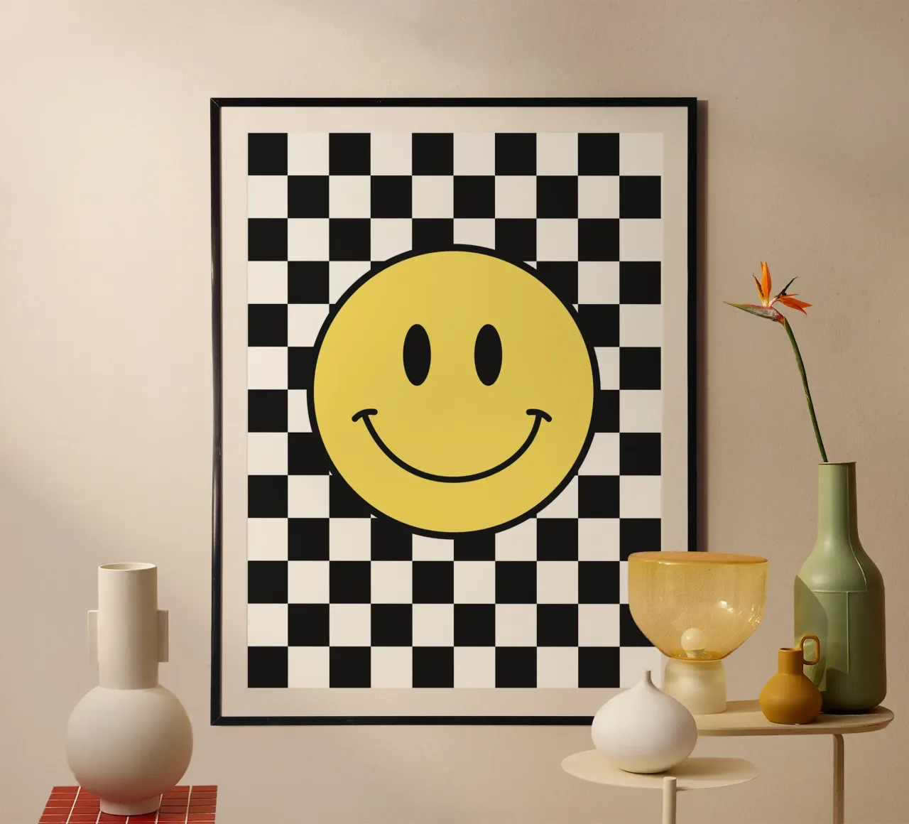 Smiley, motivo a scacchiera in bianco e nero poster da Paigaam Studio