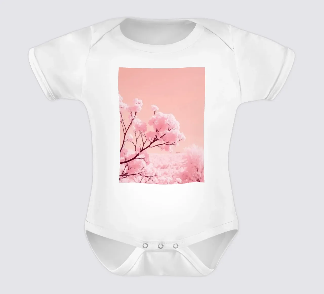 Blossoming pink trees under a pastel sky short-sleeve baby romper by DesignDoodle