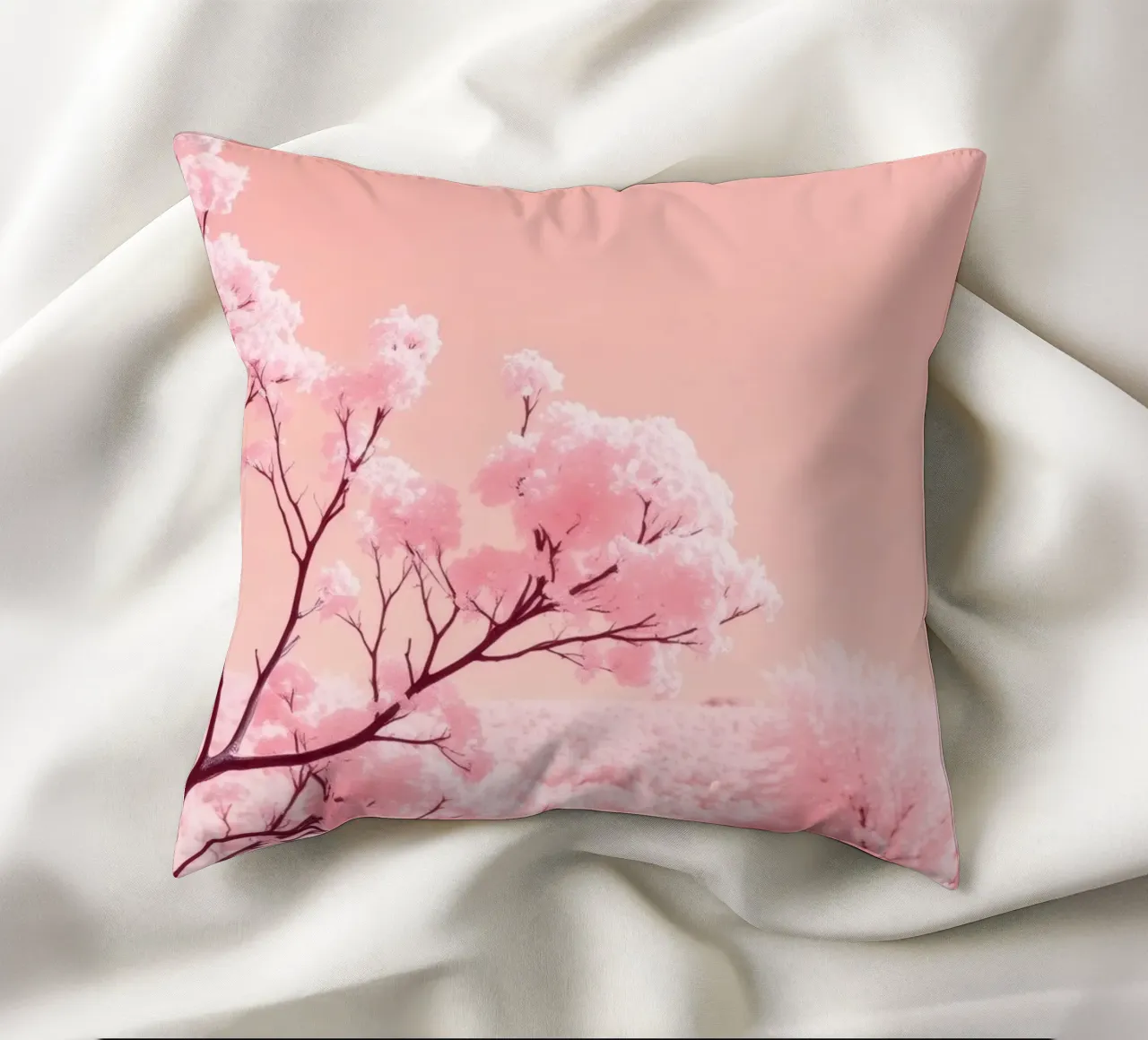 Blossoming pink trees under a pastel sky decorative cushion by DesignDoodle