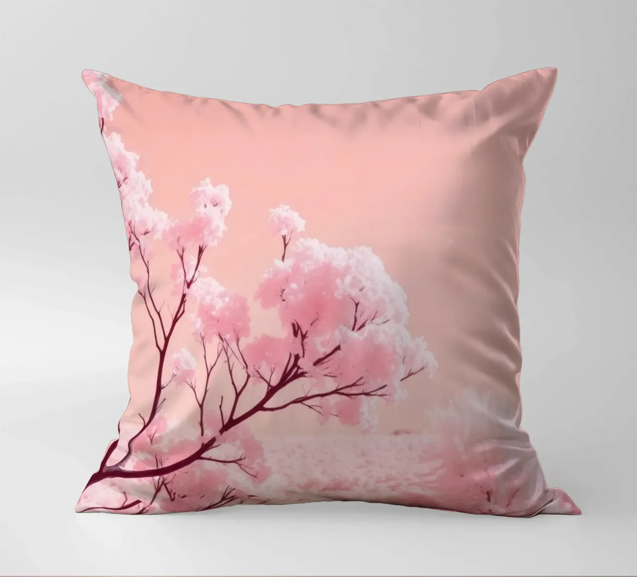 Blossoming pink trees under a pastel sky decorative cushion by DesignDoodle