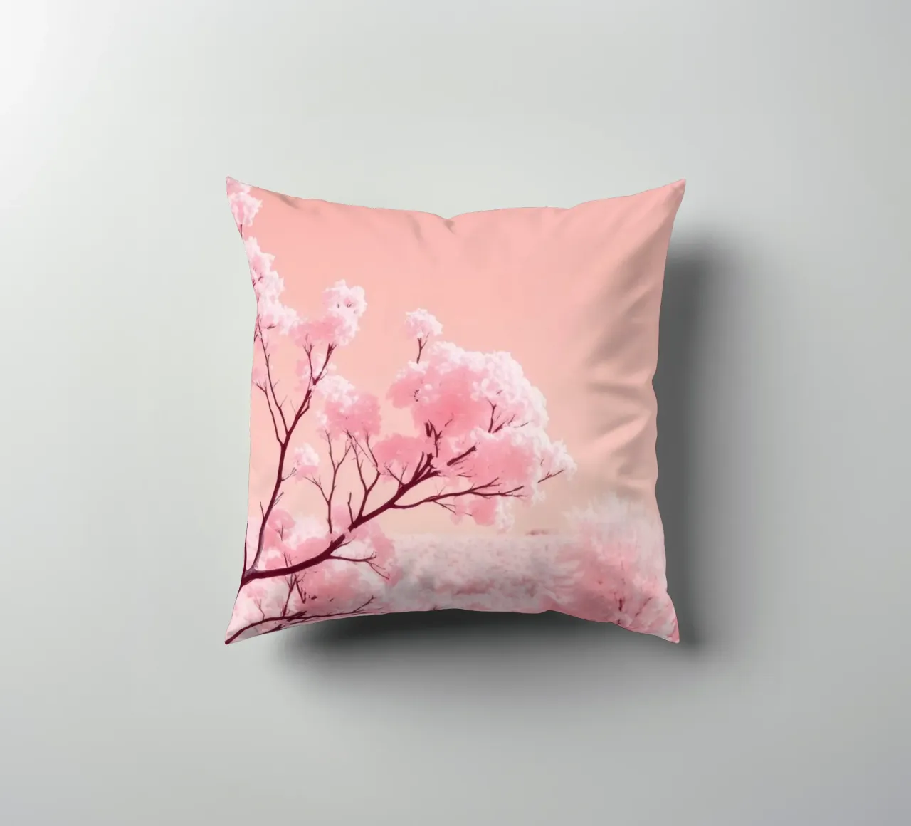 Blossoming pink trees under a pastel sky decorative cushion by DesignDoodle