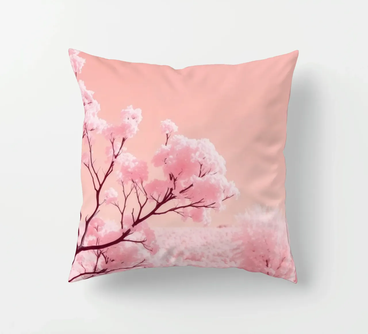 Blossoming pink trees under a pastel sky decorative cushion by DesignDoodle