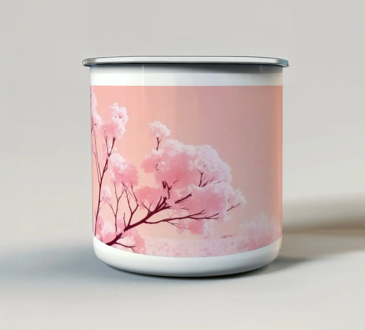 Alberi rosa in fiore sotto un cielo pastello tazza in smalto da DesignDoodle