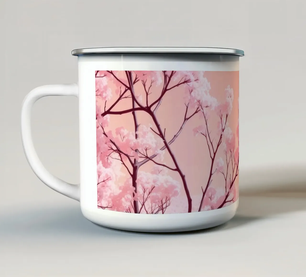 Alberi rosa in fiore sotto un cielo pastello tazza in smalto da DesignDoodle