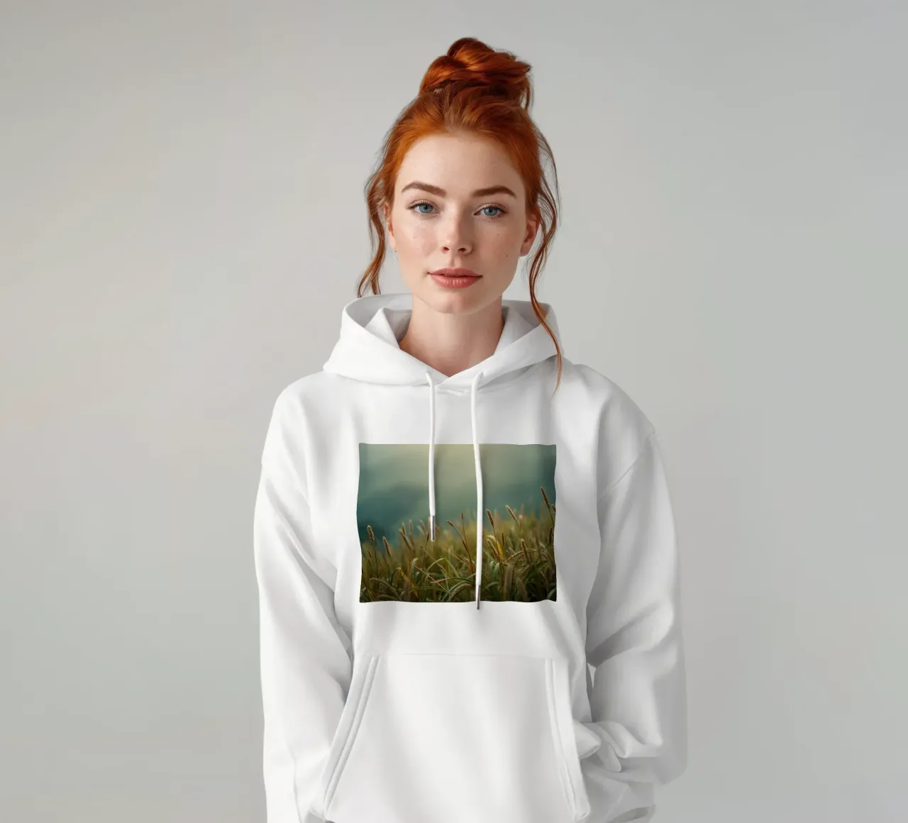 La hierba dorada se mece suavemente con la brisa en una ladera sudadera con capucha de DesignDoodle