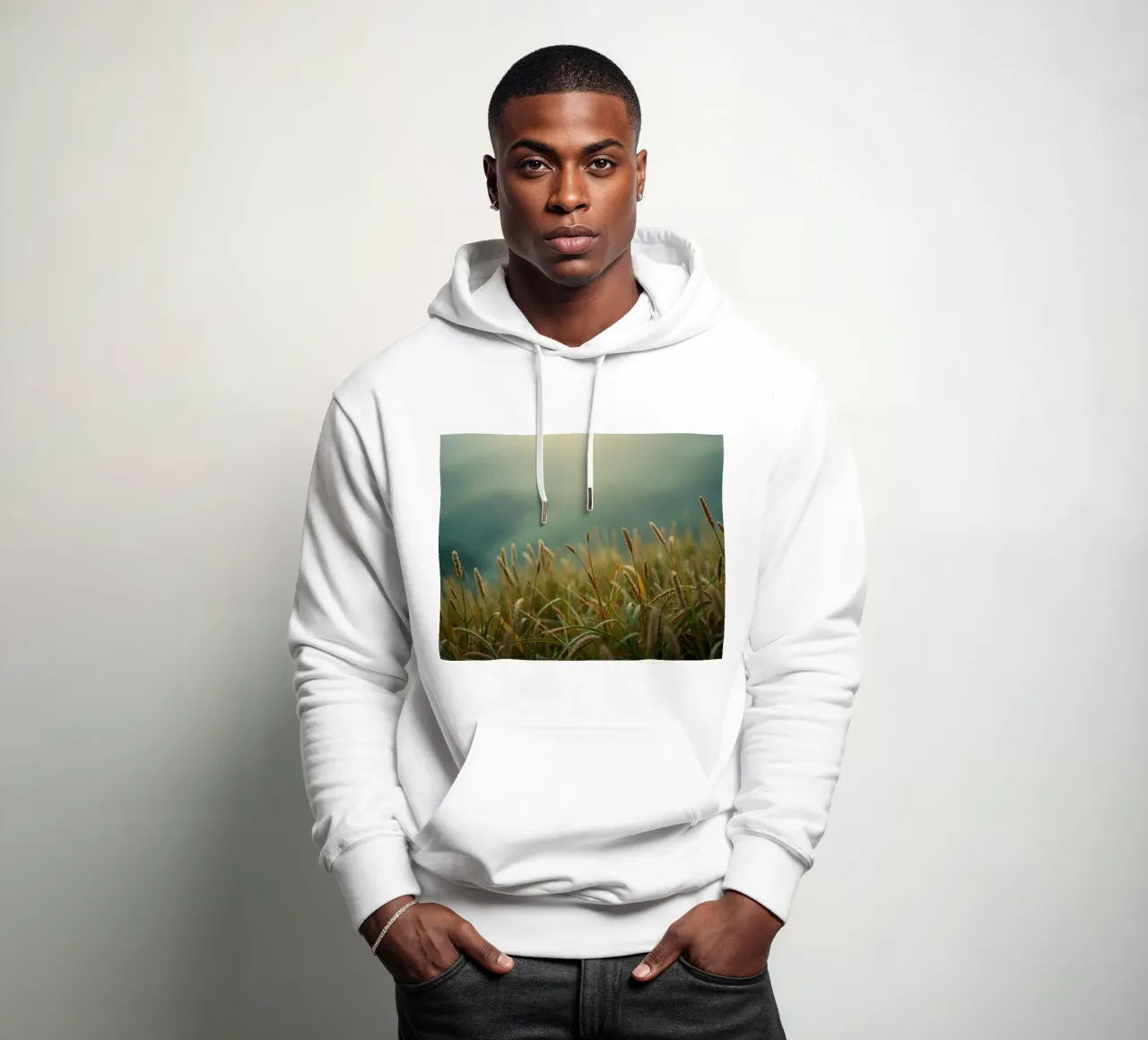 La hierba dorada se mece suavemente con la brisa en una ladera sudadera con capucha de DesignDoodle