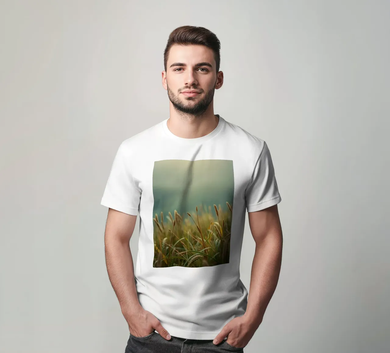 La hierba dorada se mece suavemente con la brisa en una ladera camiseta de DesignDoodle