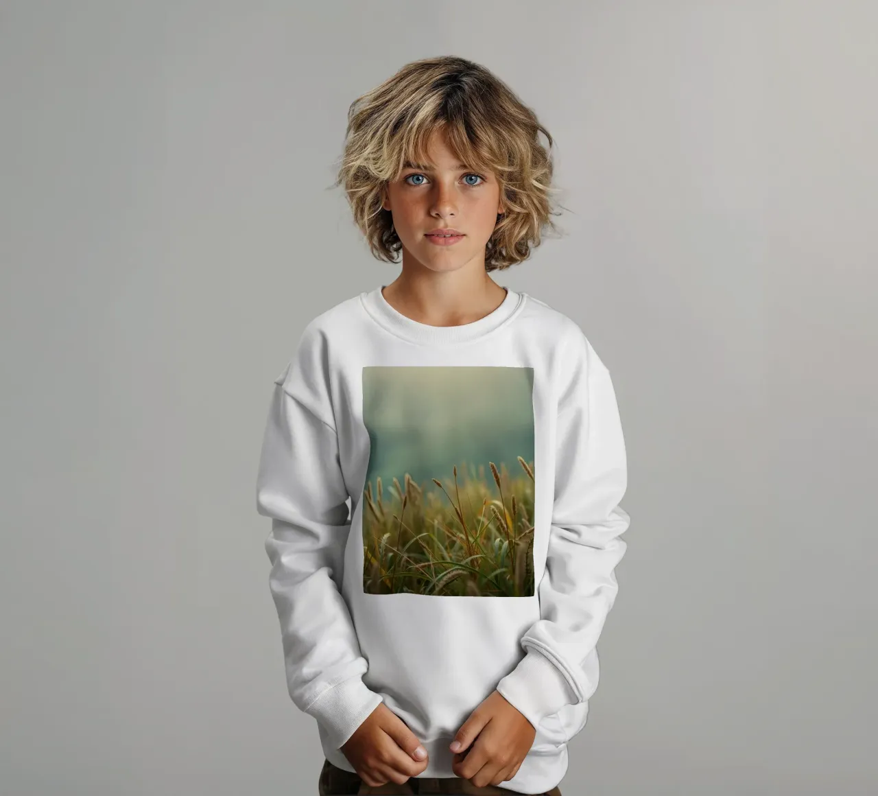 La hierba dorada se mece suavemente con la brisa en una ladera sudadera para niño de DesignDoodle