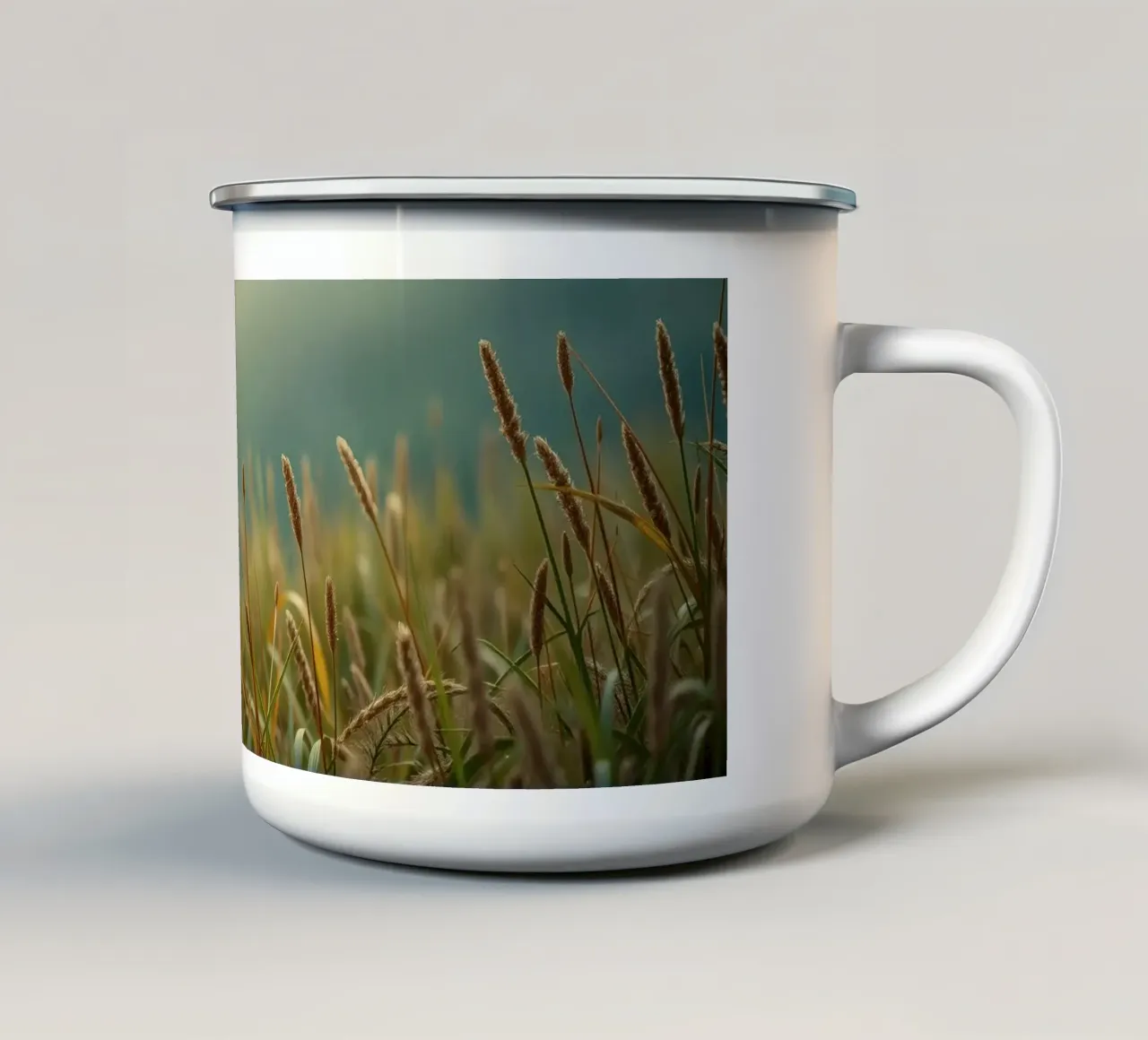 L'erba dorata ondeggia dolcemente nella brezza su una collina tazza in smalto da DesignDoodle