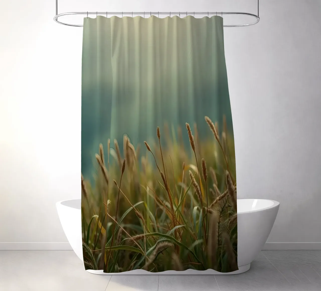Golden grass sways gently in the breeze on a hillside shower curtain by DesignDoodle