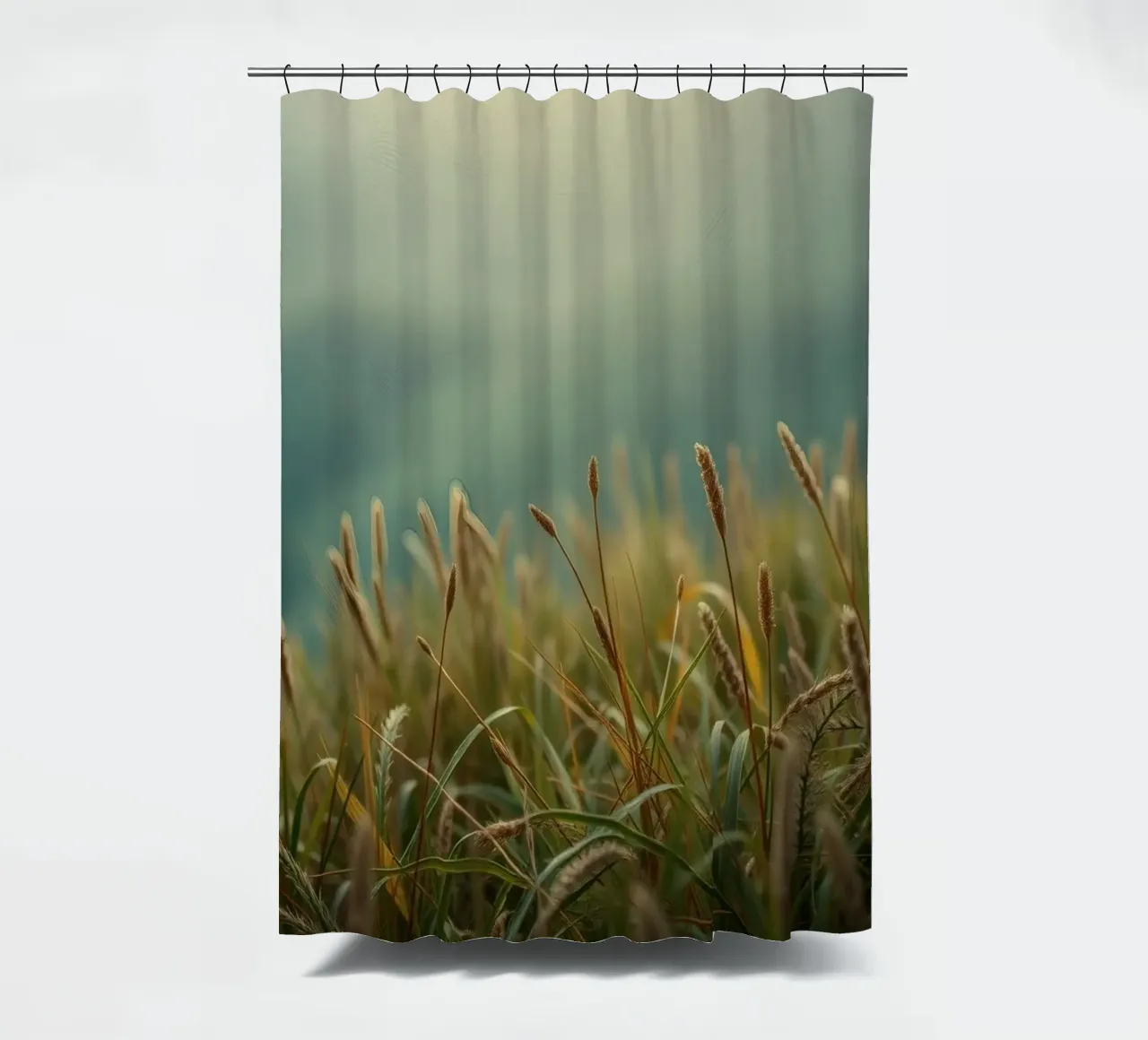 Golden grass sways gently in the breeze on a hillside shower curtain by DesignDoodle