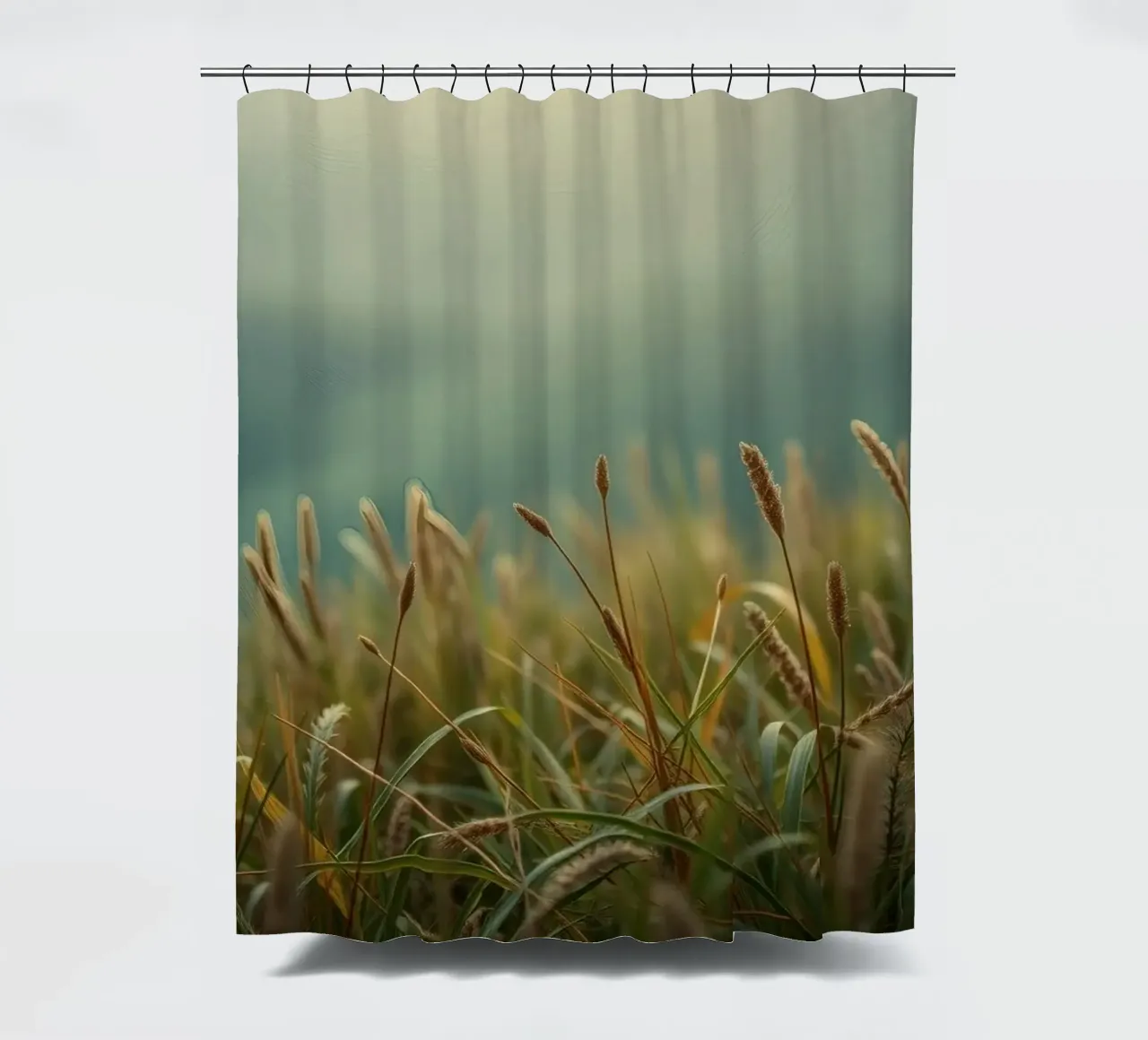 Golden grass sways gently in the breeze on a hillside shower curtain by DesignDoodle