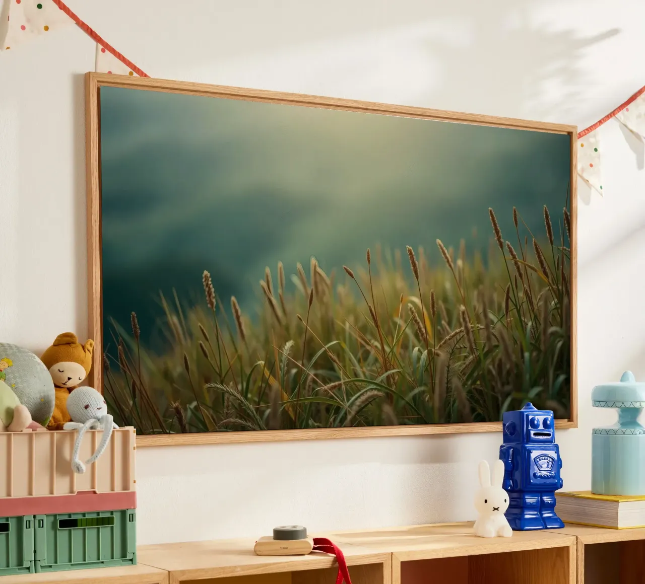 Golden grass sways gently in the breeze on a hillside acrylic glass by DesignDoodle