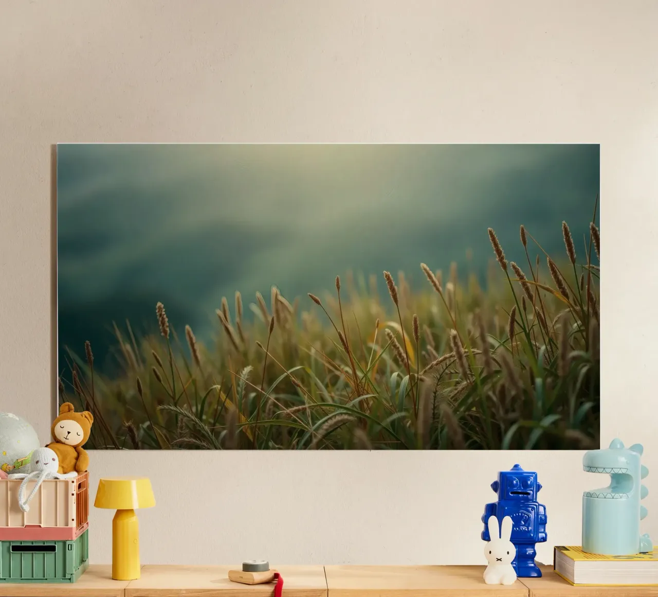 Golden grass sways gently in the breeze on a hillside acrylic glass by DesignDoodle