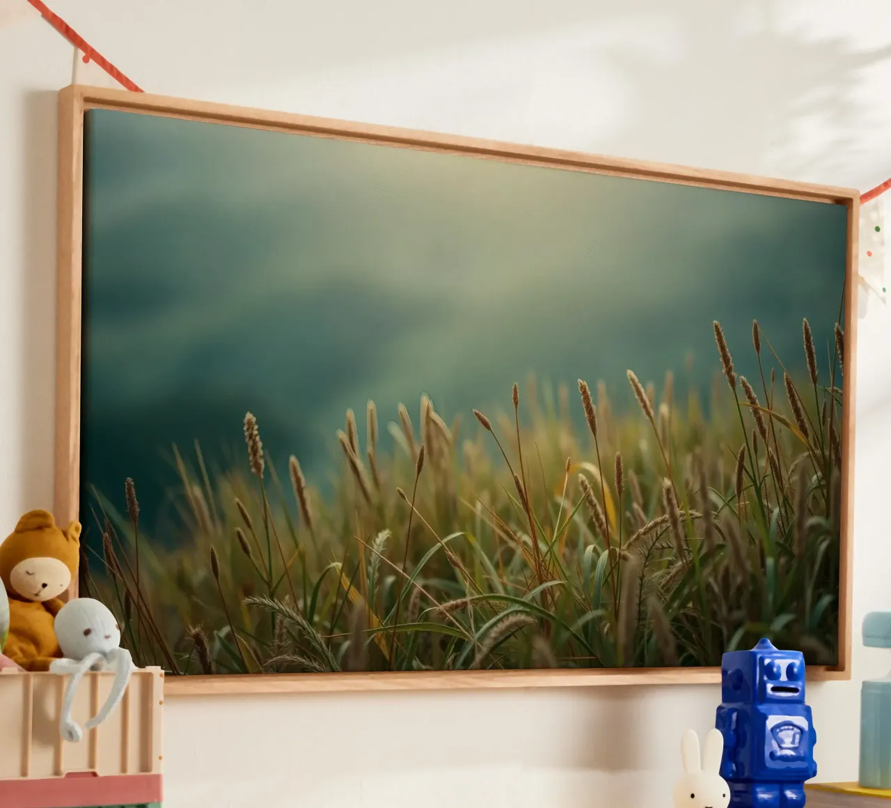 Golden grass sways gently in the breeze on a hillside canvas by DesignDoodle