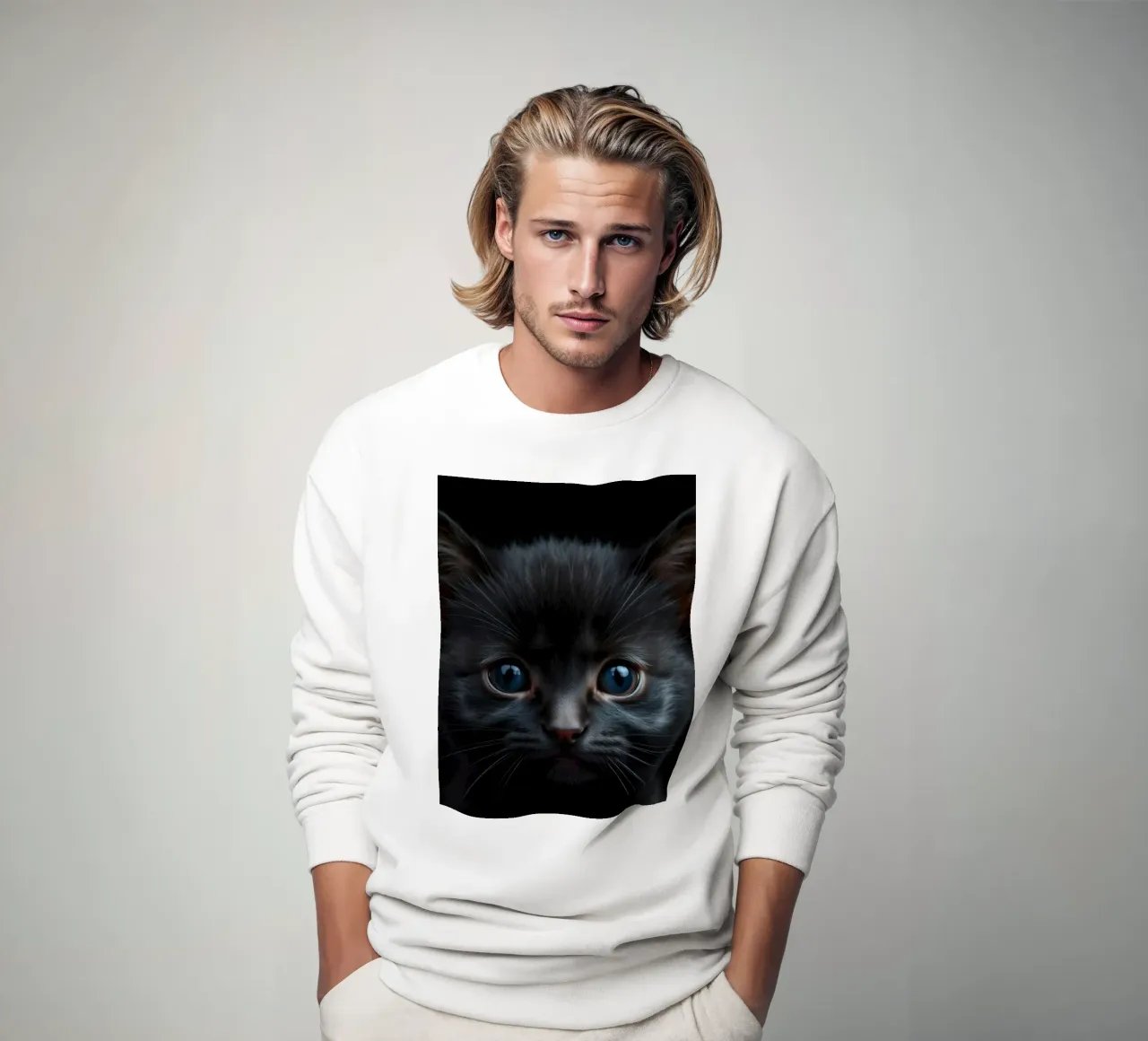 Un mystérieux chaton noir aux yeux bleus saisissants regarde l'intention sweat de DesignDoodle
