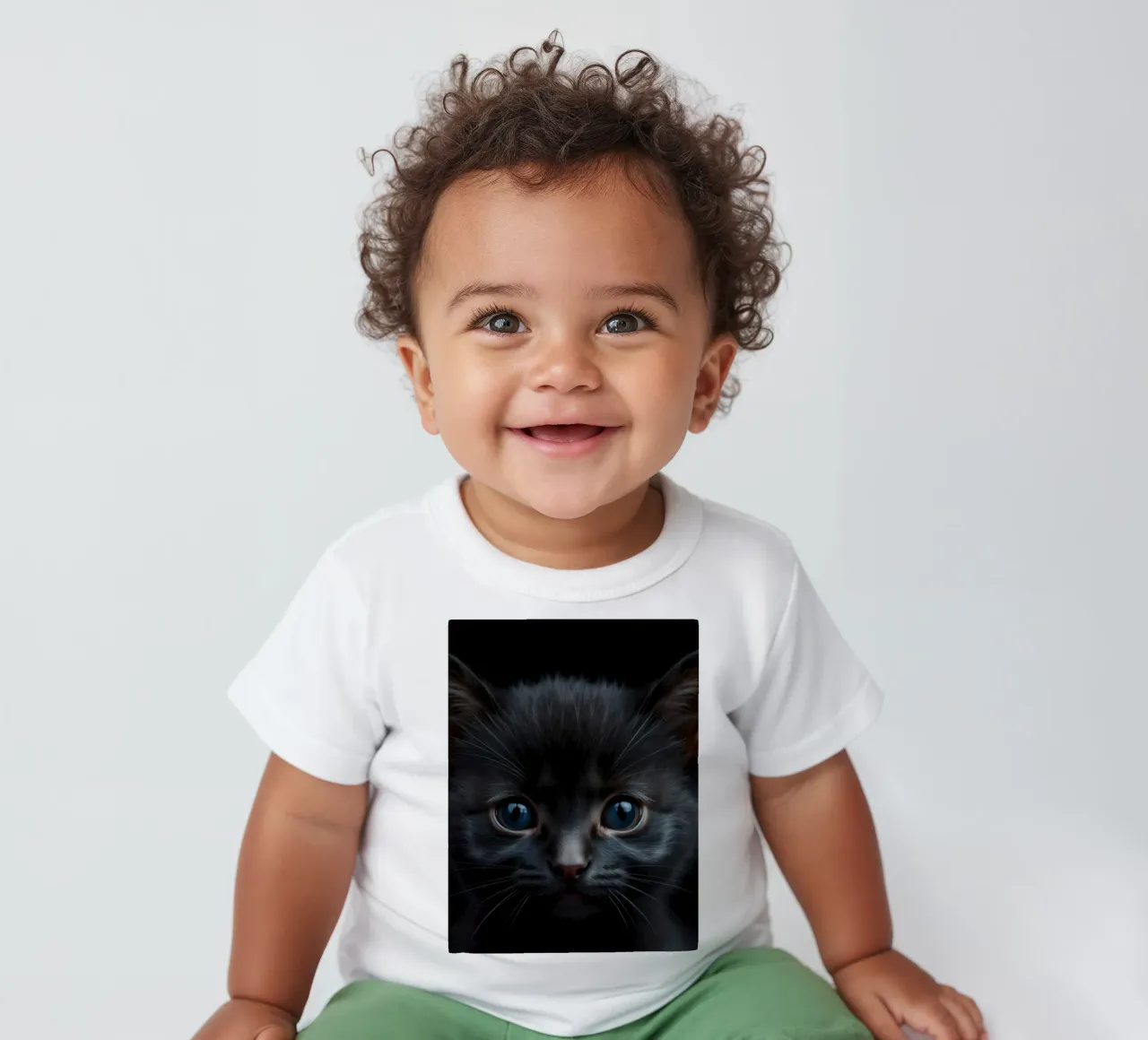 Un mystérieux chaton noir aux yeux bleus saisissants regarde l'intention t-shirt pour bébé de DesignDoodle