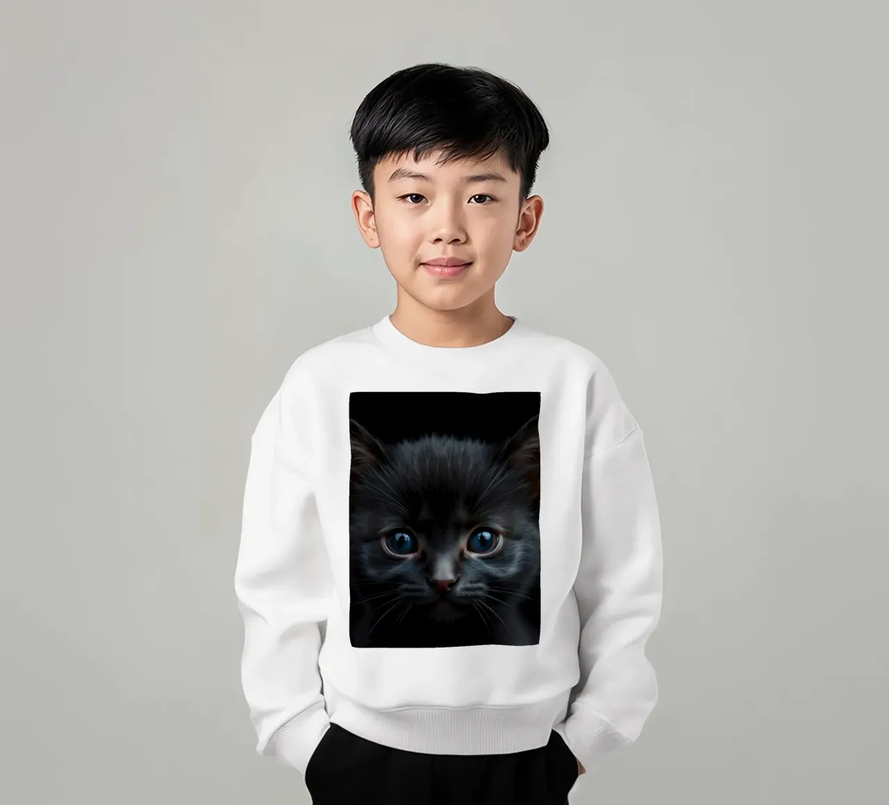 Un mystérieux chaton noir aux yeux bleus saisissants regarde l'intention sweat enfant de DesignDoodle